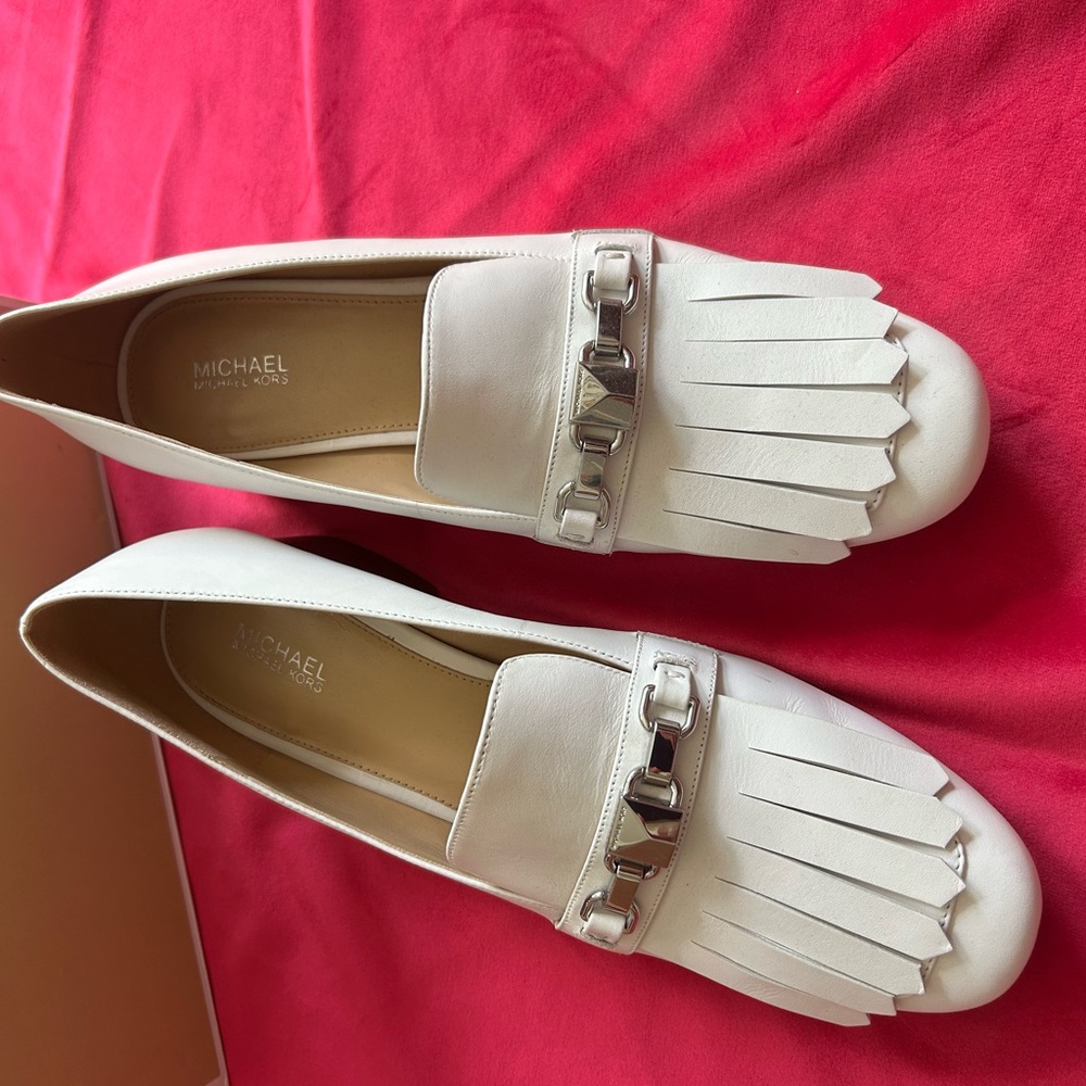 MICHAEL Michael Kors White Fringe Loafers with Silver Chain
